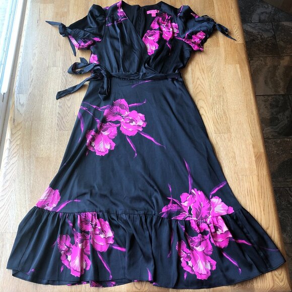 Betsey Johnson Faux Wrap Dress Black Pink Floral Size 4 - Picture 2 of 13